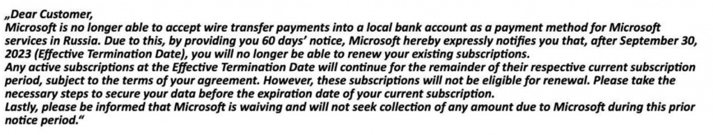 Продление лицензии или подписки Microsoft для российских компаний после 30 сентября 2023г. станет невозможным. Все активные на конец сентября 2023г. подписки Microsoft будут действовать до конца оставшегося срока, но их нельзя будет продлить на следующий период использования. Купить подписку Microsoft, Импортозамещение ПО, Microsoft, Microsoft Online Service