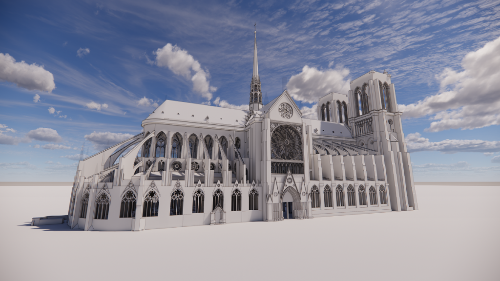 Autodesk создал трехмерные цифровые визуализации, изображающие Нотр-Дам с разных ракурсов и положения солнца.