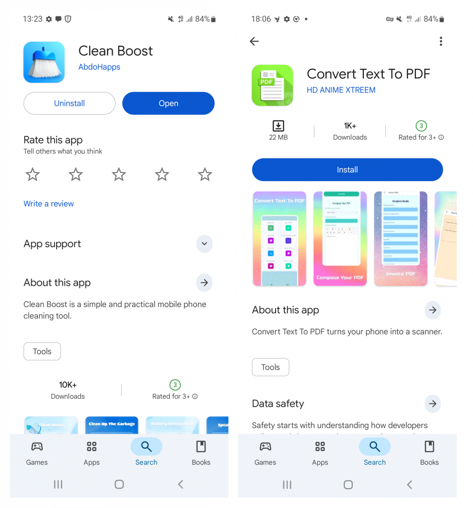 Один из троянов скрывался в программе для оптимизации работы системы Clean Boost (Android.Joker.2412), другой — в приложении Convert Text to PDF (Android.Joker.2422) для преобразования текста в PDF-документы