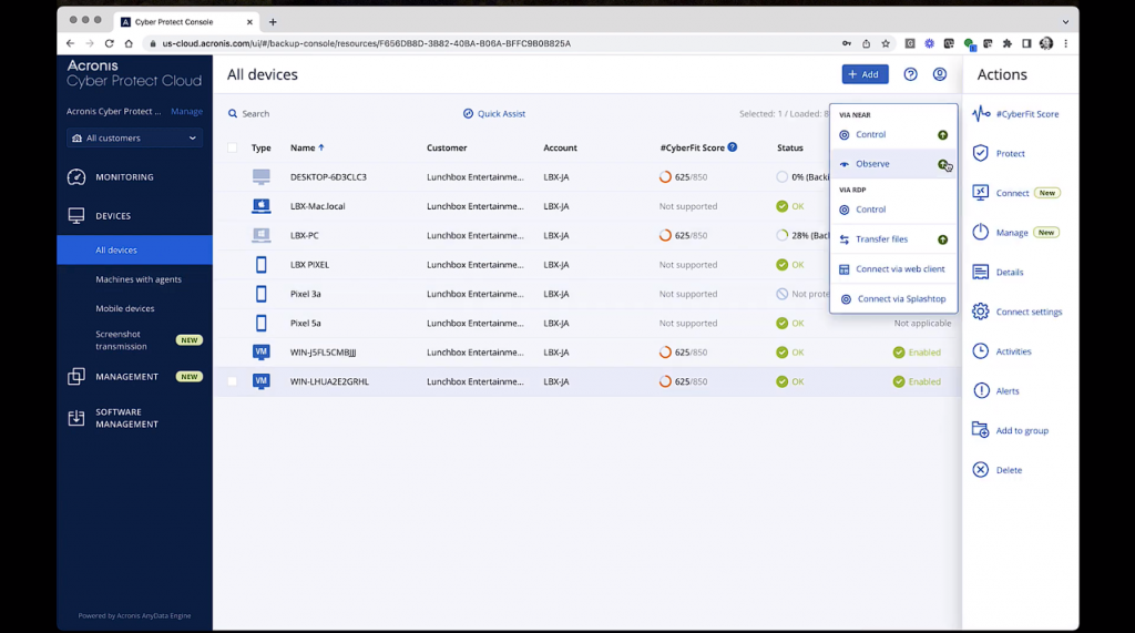 Расширенное управление Acronis: Удаленный рабочий стол и помощь. В этом видео мы покажем, как использовать удаленный рабочий стол и вспомогательные функции, включенные в Acronis Advanced Management. Получайте доступ к удаленным рабочим нагрузкам и быстро решайте технические проблемы, экономя время и обеспечивая надежную поддержку с отличной производительностью — даже в случаях ограниченной пропускной способности. Киберпротект, Купить Кибер Бэкап, Купить Кибер Протего, Купить Кибер Инфраструктура, Acronis Advanced Management