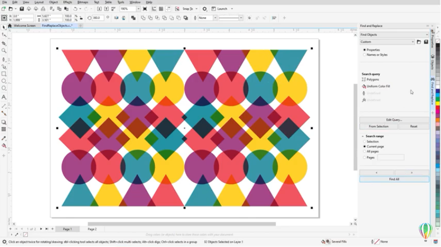 Как использовать Расширенную программу Поиска и замены | CorelDRAW для Windows. Этот учебник познакомит вас с докером Поиска и замены и рассмотрит различные настройки поиска по свойствам объектов и текста, именам или стилям. Вы узнаете, как создавать и уточнять поисковые запросы для поиска объектов с определенными цветами, заливками или другими свойствами. После завершения поиска все найденные объекты будут выбраны в окне настройки Объекты. Затем вы можете легко вносить изменения на всю страницу во все найденные объекты, либо заменяя их, либо изменяя их свойства. 
