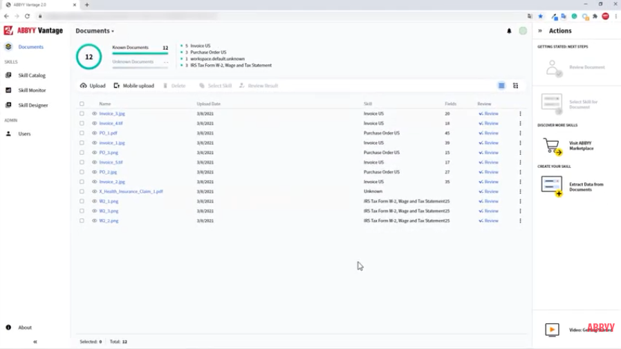 ABBYY Vantage: Начало работы с обработкой документов - Видеоурок. С помощью ABBYY Vantage легко обрабатывать документы. В этом коротком видео вы узнаете, как быстро загрузить свои документы в ABBYY Vantage, а также узнаете, как платформа автоматически определит их тип, назначит соответствующий навык документирования и извлечет данные из ваших документов для вас.