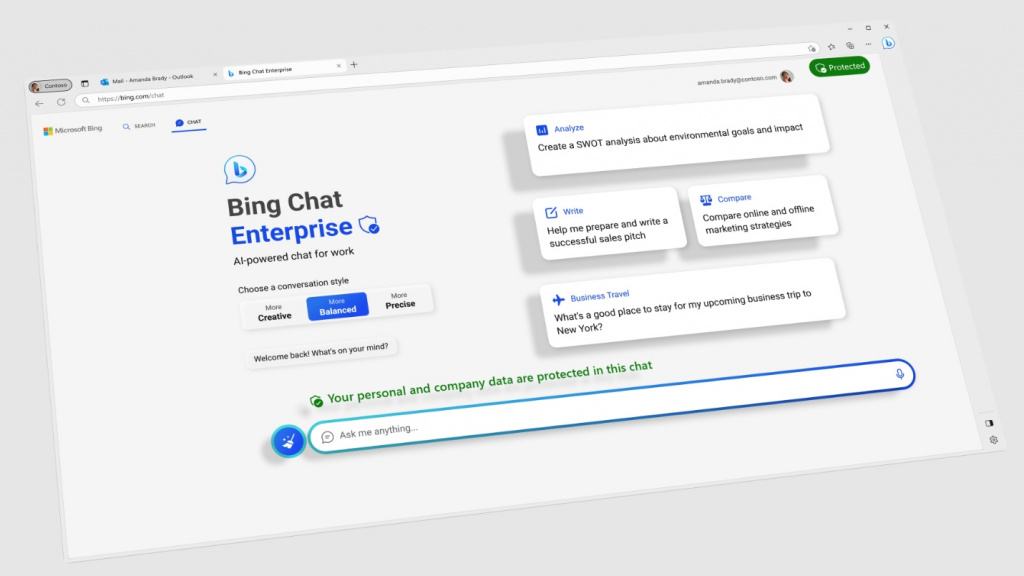 Сегодня на Microsoft Inspire мы рады объявить о следующих шагах на нашем пути: во-первых, мы значительно расширили Bing, чтобы охватить новую аудиторию с помощью Bing Chat Enterprise, предоставив чат на основе ИИ для работы, и уже сегодня запускаем предварительную версию — а это значит, что более 160 миллионов человек уже имеют доступ. Во-вторых, чтобы помочь коммерческим клиентам планировать, мы сообщаем, что Microsoft 365 Copilot будет стоить 30 долларов США за пользователя в месяц для клиентов Microsoft 365 E3, E5, Business Standard и Business Premium, когда они будут широко доступны; мы расскажем больше о сроках в ближайшие месяцы. В-третьих, в дополнение к расширению охвата аудитории мы продолжаем создавать новые возможности для Bing Chat и объявляем о визуальном поиске в чате, новом мощном способе поиска, который теперь широко внедряется в Bing Chat.