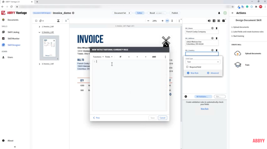 ABBYY Vantage: Document Skill Designer - Видеоурок. Посмотрите это видео и узнайте, как создать навык документа с помощью Vantage Skill Designer всего за несколько простых шагов. Навык документооборота способен обрабатывать один конкретный тип документа и извлекать ключевую деловую информацию из документов этого типа. Извлеченная информация может быть передана другим бизнес-процессам и системам и использована для принятия разумных бизнес-решений.