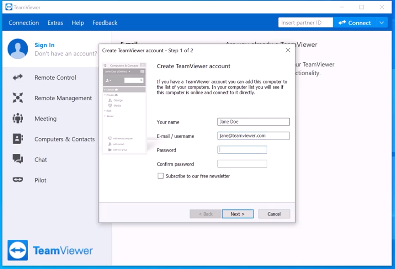 В диалоговом окне Создать учетную запись TeamViewer — шаг 1 из 2 введите свои Имя пользователя, E-Mail и Пароль